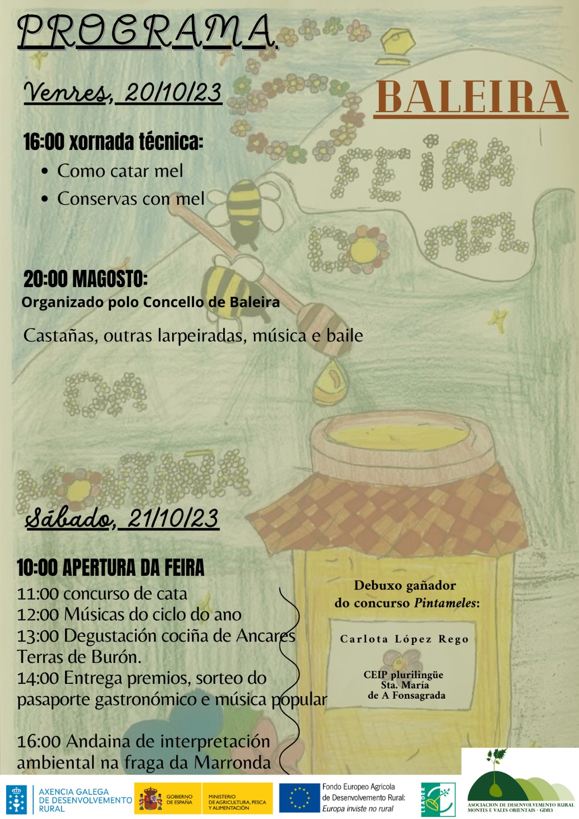 Cartel da Feira do Mel da Montaña do ano 2023 deseñado por Carlota López Rego, alumna do Ceip Plurilingüe Santa María da Fonsagrada